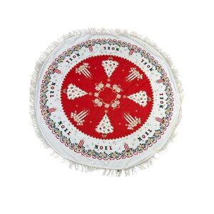 Vtg 1950? MCM Round Christmas Linen Tablecloth Fringe 58” Round Noel Candles